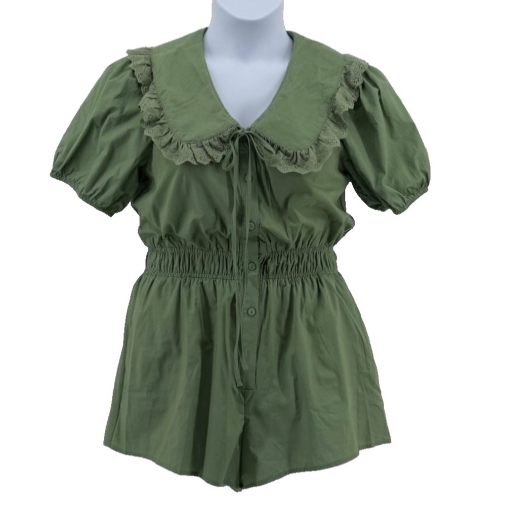 Umgee Cotton Romper Women's Large Sage Green Peter Pan Collar Puff Sleeve NWT